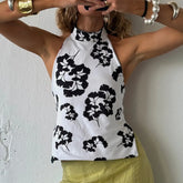 BXOXO Boho Graphic Print Backless Camis Women Y2k Halter Tank Top Vintage Sleeveless Tie Up Crop Top Summer Vest Streetwear